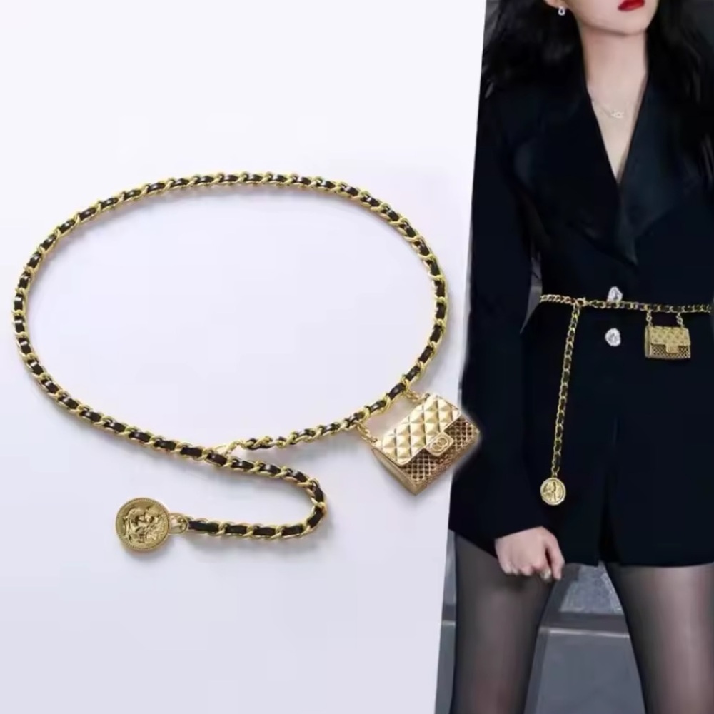 Anthropologie  Black Gold Chain Belt With Designer Mini Charm Bag